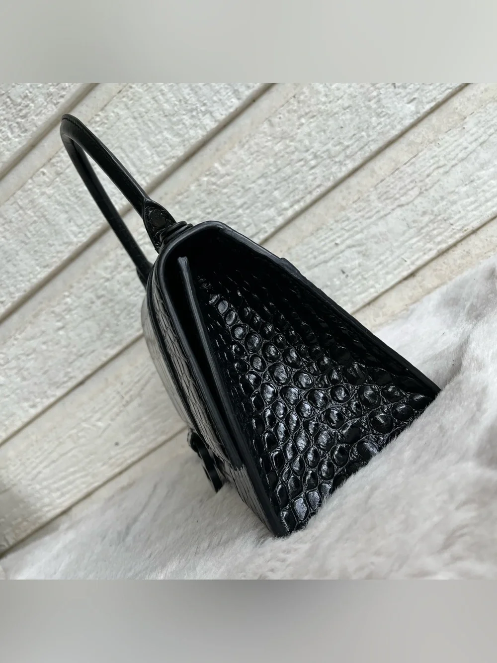 BALENCIAGA Black Croc Hourglass Mini Baguette Crossbody Flap Top Handle Handbag